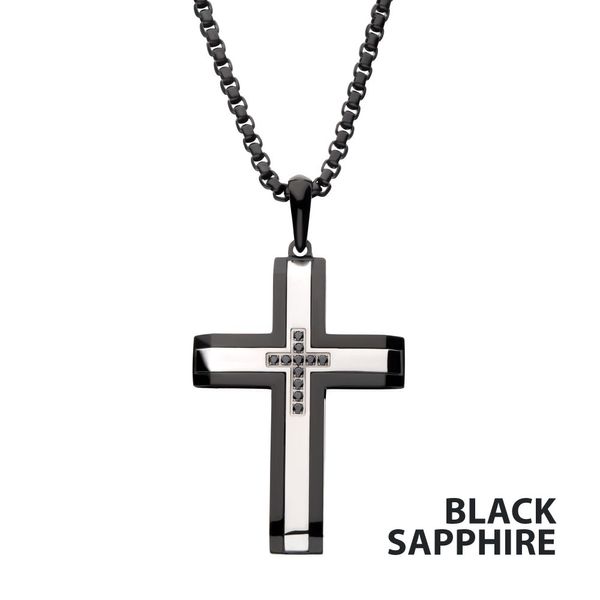 Black IP Steel Genuine Black Sapphire Gem Cross Pendant with Box Chain Valentine's Fine Jewelry Dallas, PA