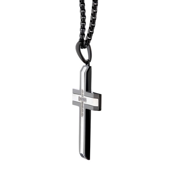 Black IP Steel Genuine Black Sapphire Gem Cross Pendant with Box Chain Image 3 Valentine's Fine Jewelry Dallas, PA