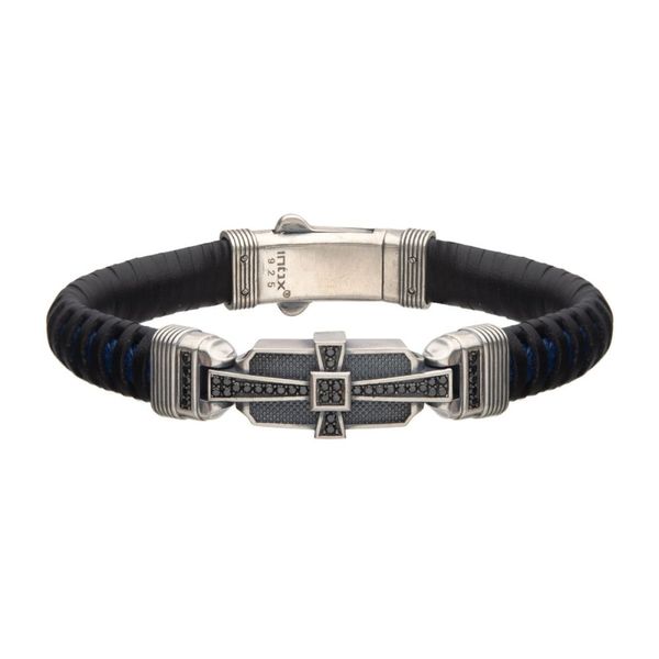 Genuine Sterling Silver with Black & Blue Leather and 40pc Black CZ Bracelet Ritzi Jewelers Brookville, IN