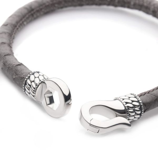 Gray Soft Python Snake Leather Bracelet with Hinged Polished Finish 925 Sterling Silver Clasp Image 4 Alan Miller Jewelers Oregon, OH