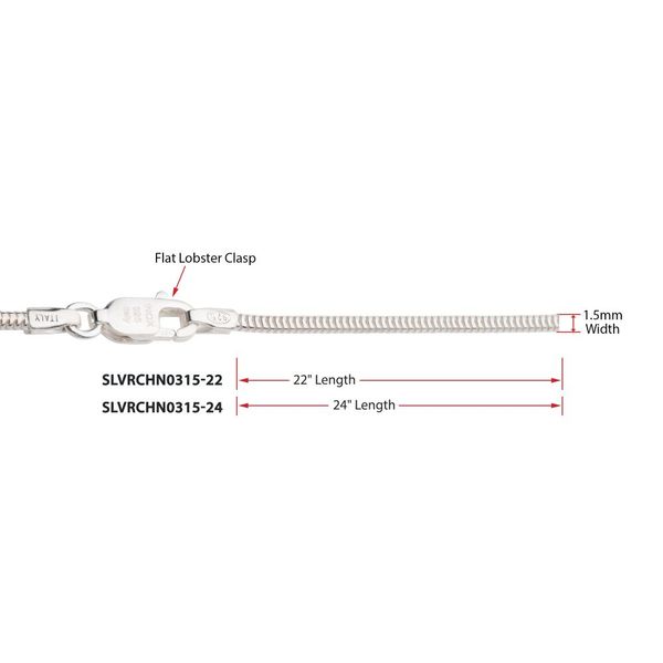 1.5mm 925 Italy Silver Polished Finish Snake Chain Necklace with Flat Lobster Clasp Image 5 Marks of Design Shelton, CT