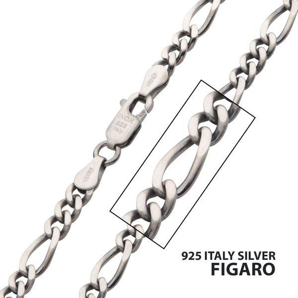4.3mm 925 Italy Silver Black Rhodium Plated Brushed Satin Finish Figaro Chain Necklace Tipton's Fine Jewelry Lawton, OK