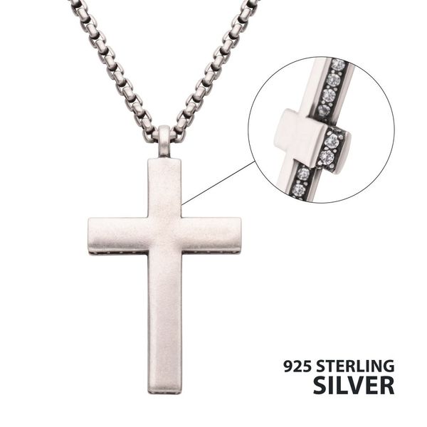 925 Sterling Silver Side Gem Cross Pendant with Antiqued Finish Box Chain Wesche Jewelers Melbourne, FL