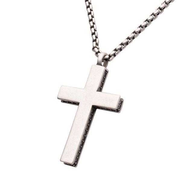 925 Sterling Silver Side Gem Cross Pendant with Antiqued Finish Box Chain Image 2 Ken Walker Jewelers Gig Harbor, WA