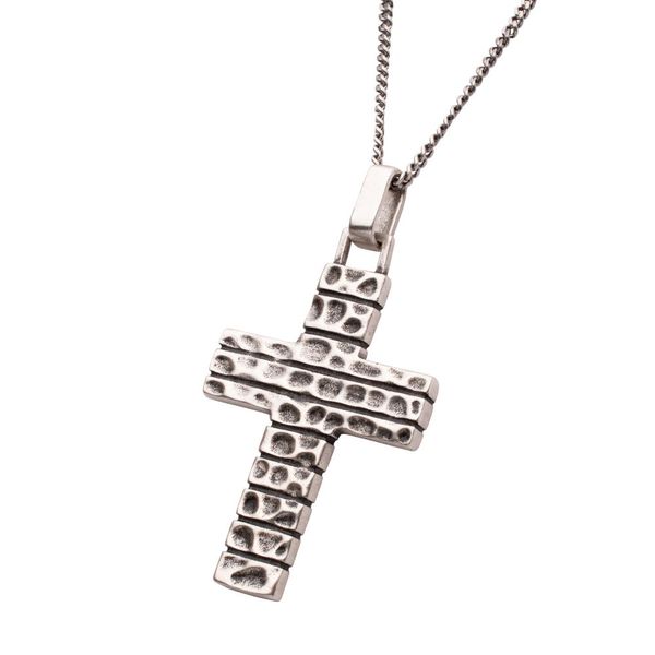 925 Sterling Silver Hammered Cross Pendant with Antiqued Finish Box Chain Image 2 Van Scoy Jewelers Wyomissing, PA