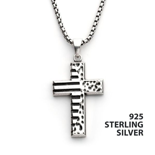 925 Silver Oxidized Coin Stamped Cross Pendant with Box Chain Wesche Jewelers Melbourne, FL