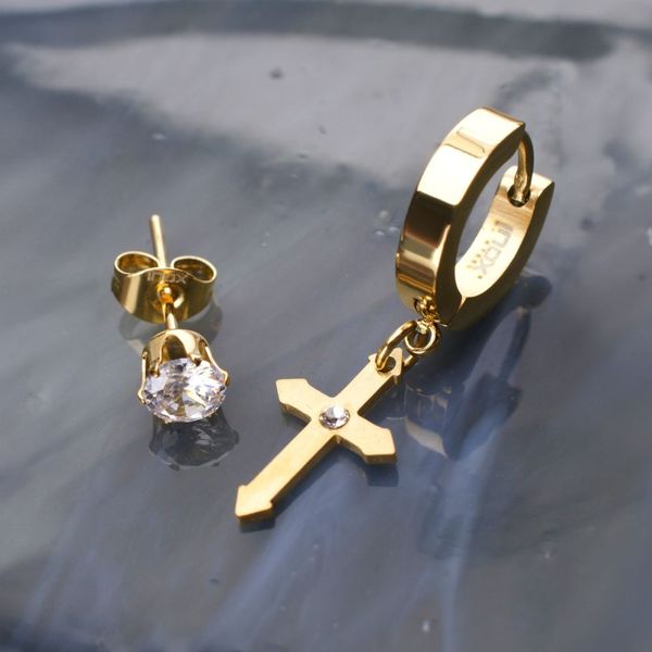 Gold Plated Dangling Cross with CZ Huggie & Prong Set CZ Stud Mismatched Earrings Image 2 Alan Miller Jewelers Oregon, OH