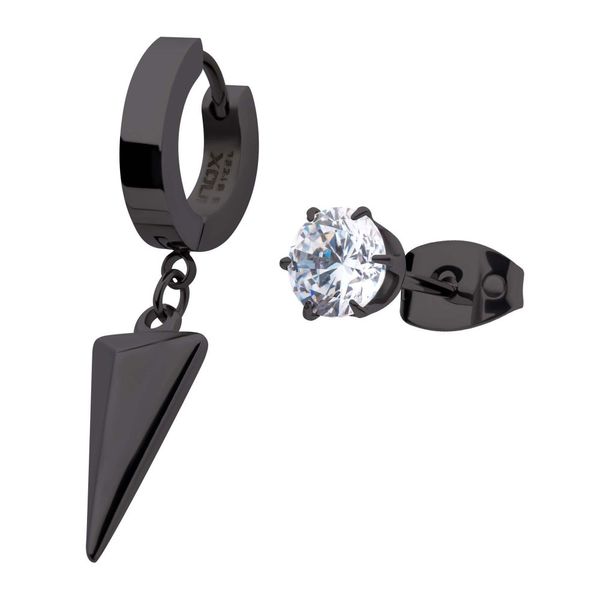 Black Plated Dangling Spike Huggie & Prong Set CZ Stud Mismatched Earrings Banks Jewelers Burnsville, NC