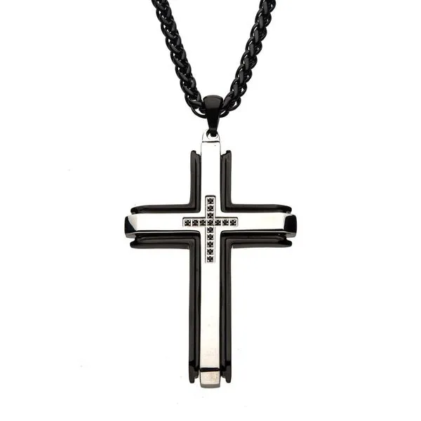 Inox Engraved Black Steel Wood Cross Pendant