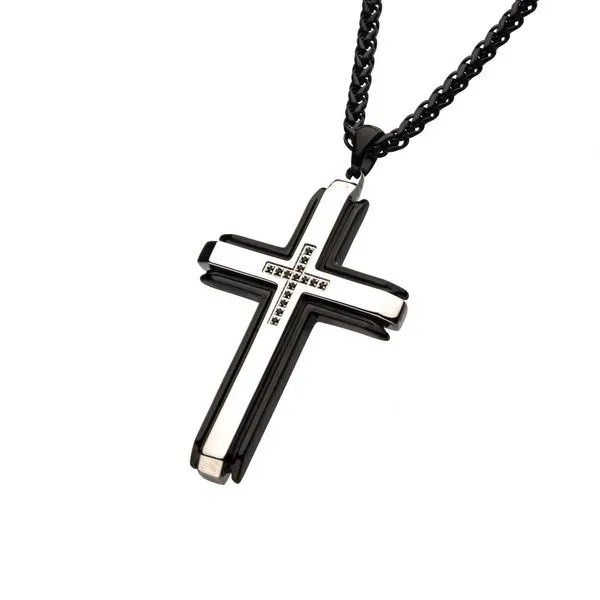 Inox Engraved Black Steel Wood Cross Pendant