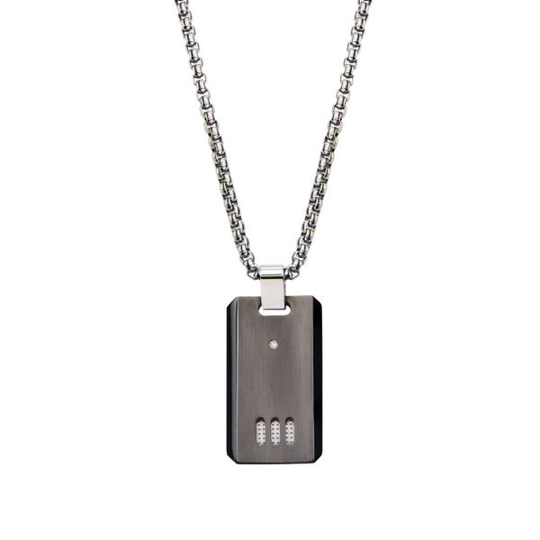 Black Titanium Dog Tag Pendant CZ 24 inch Bead Stainless Steel Chain