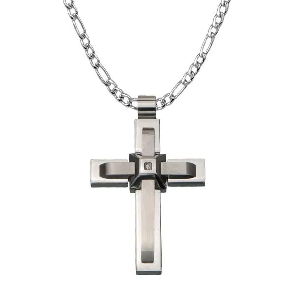 Inox Engraved Black Steel Wood Cross Pendant