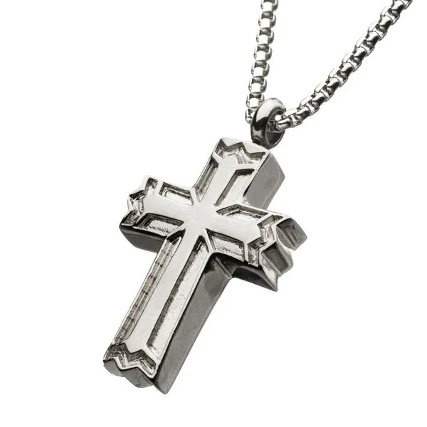 Inox Engraved Black Steel Wood Cross Pendant