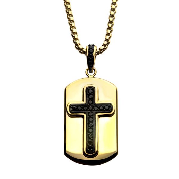 Black IP Cross with Black CZ Inlay 18Kt Gold IP Dog Tag Pe