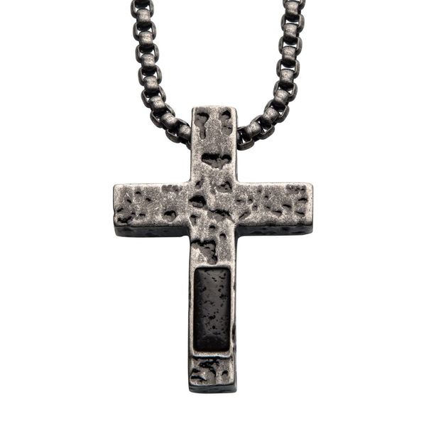 Stainless Steel Silver Plated Cross Pendant with Lava Stone Pendant, with Steel Box Chain Ken Walker Jewelers Gig Harbor, WA