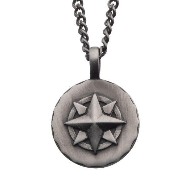 Gun Metal IP Compass Medallion Pendant with Chain Valentine's Fine Jewelry Dallas, PA