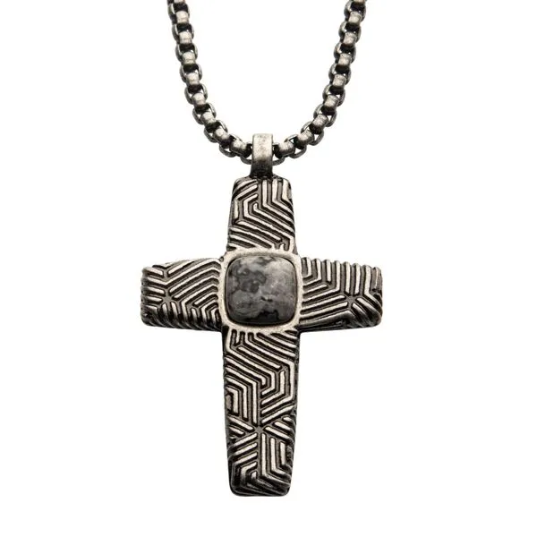 Stainless Steel Silver Plated Cross Pendant with Gray Jasper Z's Fine