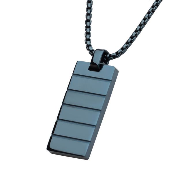 Blue IP Ridged Compact Dog Tag Pendant with Cobalt Blue Box Chain Image 2 Alan Miller Jewelers Oregon, OH