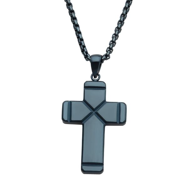 Blue IP Ridged Compact Cross Pendant with Cobalt Blue Box Chain Leitzel's Jewelry Myerstown, PA
