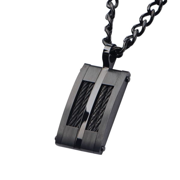 Black Plated & Cable Inlayed Dog Tag Pendant with  Chain Image 4 Morin Jewelers Southbridge, MA