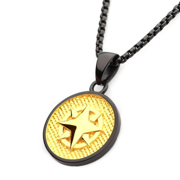 18Kt Gold IP Wayfinder Compass Medallion Pendant with Black IP Box Chain Image 2 Enchanted Jewelry Plainfield, CT