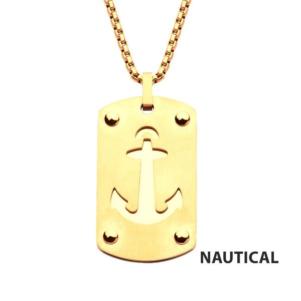 18K Gold IP Etched Anchor Dog Tag Pendant with Box Chain Carroll / Ochs Jewelers Monroe, MI