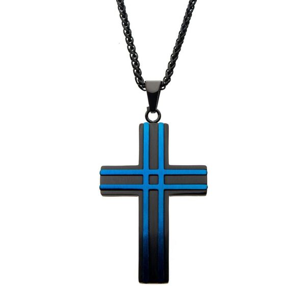 Matte Black & Blue IP Layer Cross Pendant with Chain Jayson Jewelers Cape Girardeau, MO