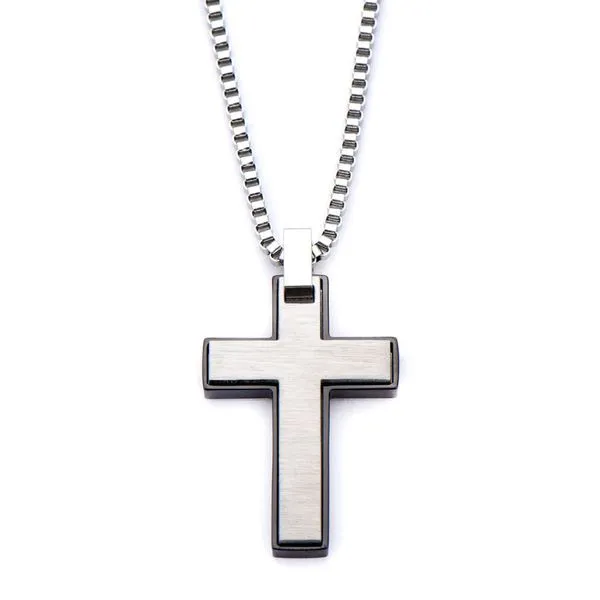 Inox Engraved Black Steel Wood Cross Pendant