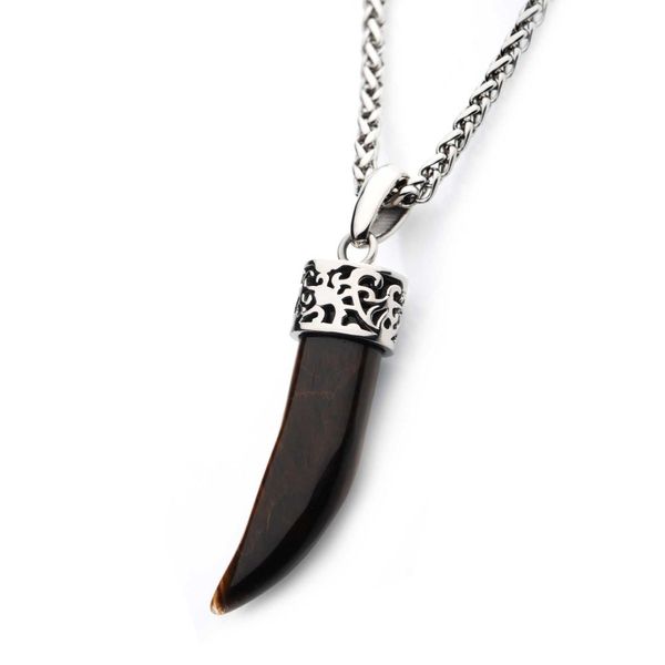 Stainless Steel with Tiger Eye Stone Horn Pendant, with Steel Wheat Chain Image 2 Ken Walker Jewelers Gig Harbor, WA