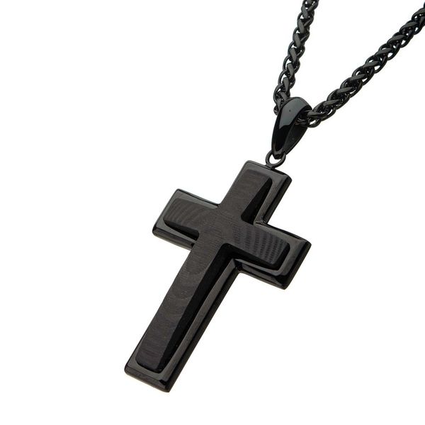 Stainless Steel in Black Carbon Fiber Cross Pendant with Black Spiga Chain Image 2 Lewis Jewelers, Inc. Ansonia, CT