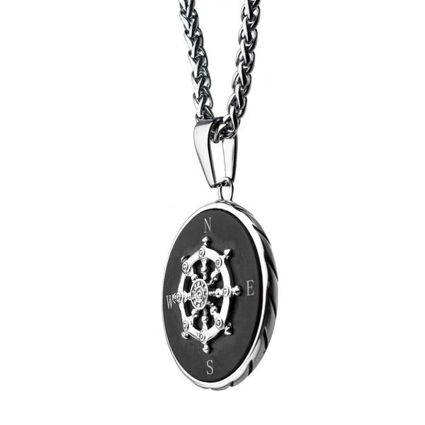 Stainless Steel Black Plated Ship's Wheel Compass Pendant with Chain Image 3 Valentine's Fine Jewelry Dallas, PA
