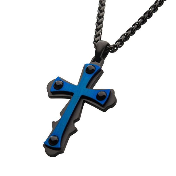 Blue Plated with Black Cross Pendant, with Black Plated Wheat Chain Image 2 Morin Jewelers Southbridge, MA