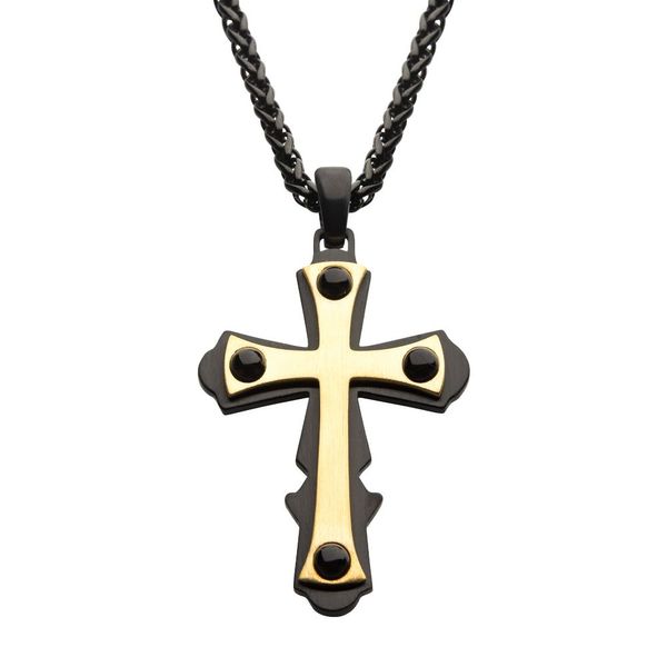 18K Gold Plated with Black Cross Pendant, with Black Plated Wheat Chain Morin Jewelers Southbridge, MA