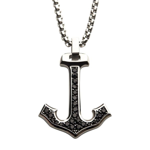 Steel Anchor Pendant with Black CZ Inlay, with Steel Box Chain Enchanted Jewelry Plainfield, CT