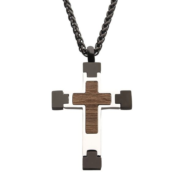 Silver Cross Necklace with Wood Inlay, 24 Inches