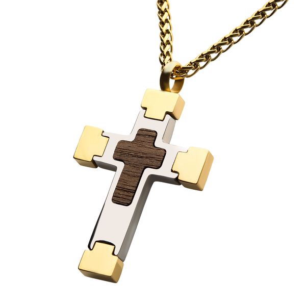 18K Gold Plated Cross Pendant with Walnut Wood Inlay, with 18K Gold Plated Wheat Chain Image 2 Enchanted Jewelry Plainfield, CT