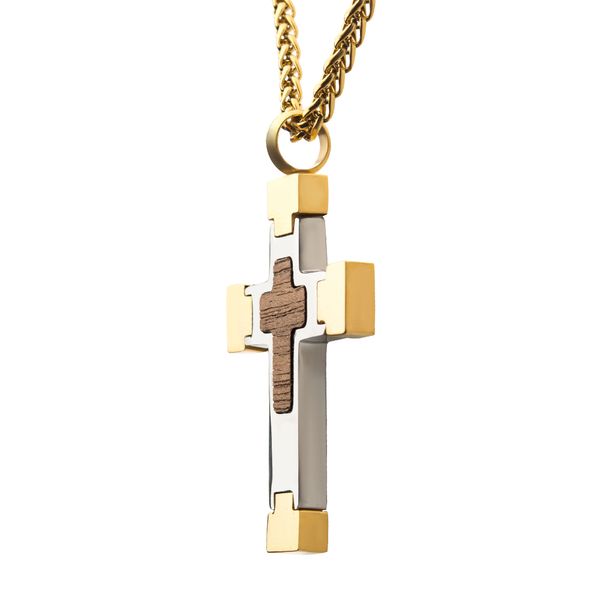 18K Gold Plated Cross Pendant with Walnut Wood Inlay, with 18K Gold Plated Wheat Chain Image 3 Enchanted Jewelry Plainfield, CT