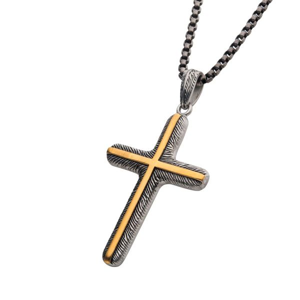 18K Gold IP Inlay & Gun Metal IP Cross Pendant with Round Box Chain Image 2 Enchanted Jewelry Plainfield, CT