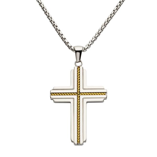 18Kt Gold IP Stainless Steel Rope Inlay Two-tone Cross Pendant with Chain Mueller Jewelers Chisago City, MN