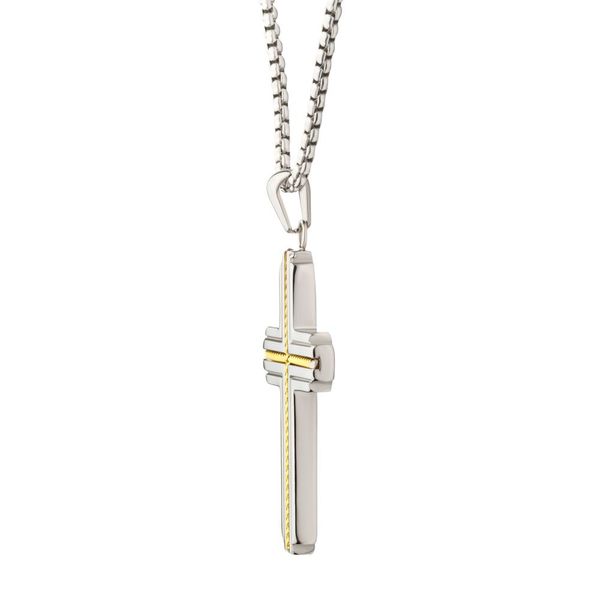 18Kt Gold IP Stainless Steel Rope Inlay Two-tone Cross Pendant with Chain Image 3 Cellini Design Jewelers Orange, CT
