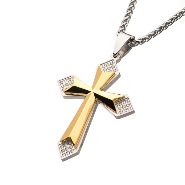 Gold Plated Cross with 36pcs CNC Prong Set Clear AAA CZ Pendant, with Steel Wheat Chain Image 2 Morin Jewelers Southbridge, MA
