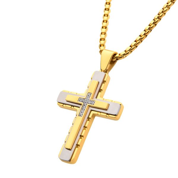 18K Gold IP Layered Cross Pendant with CNC Set Clear CZ, with Box Chain Image 2 Cellini Design Jewelers Orange, CT