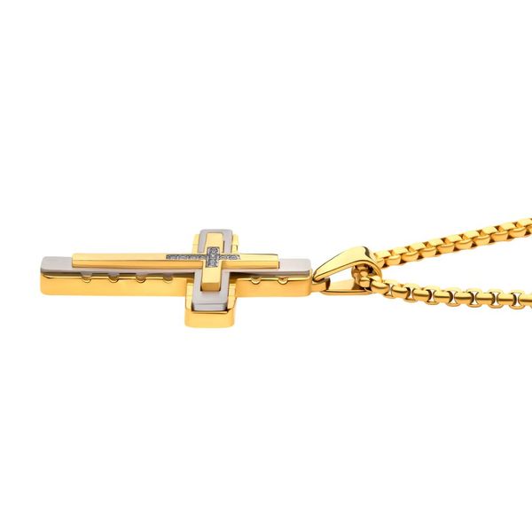 18K Gold IP Layered Cross Pendant with CNC Set Clear CZ, with Box Chain Image 3 Mueller Jewelers Chisago City, MN