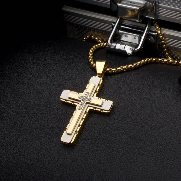 18K Gold IP Layered Cross Pendant with CNC Set Clear CZ, with Box Chain Image 4 Tipton's Fine Jewelry Lawton, OK