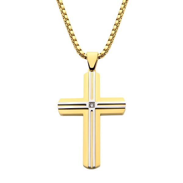 18K Gold IP & Thin Steel Line Layered Cross Pendant with Clear CZ, with Box Chain Thurber's Fine Jewelry Wadsworth, OH