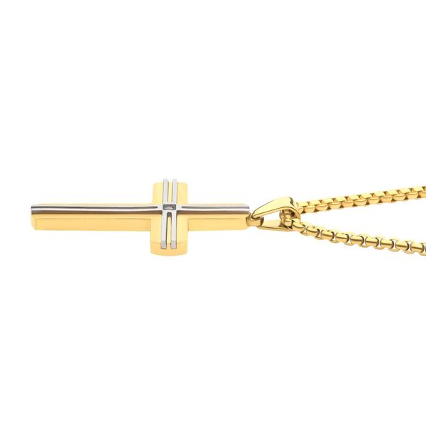 18K Gold IP & Thin Steel Line Layered Cross Pendant with Clear CZ, with Box Chain Image 3 Banks Jewelers Burnsville, NC