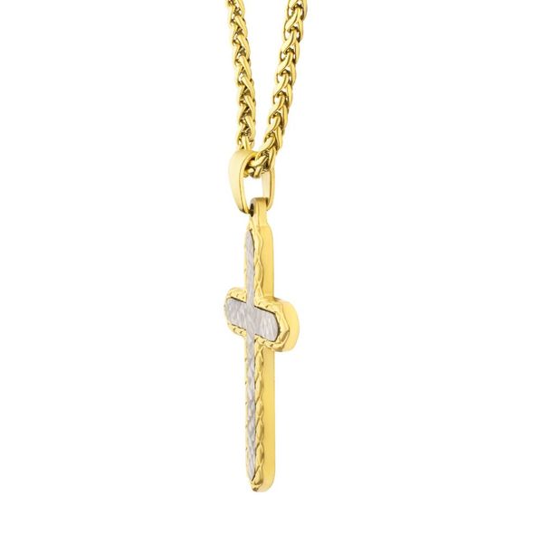 18K Gold IP Stainless Steel Chiseled Bold Cross Firenze Pendant with Wheat Chain Image 3 Peran & Scannell Jewelers Houston, TX