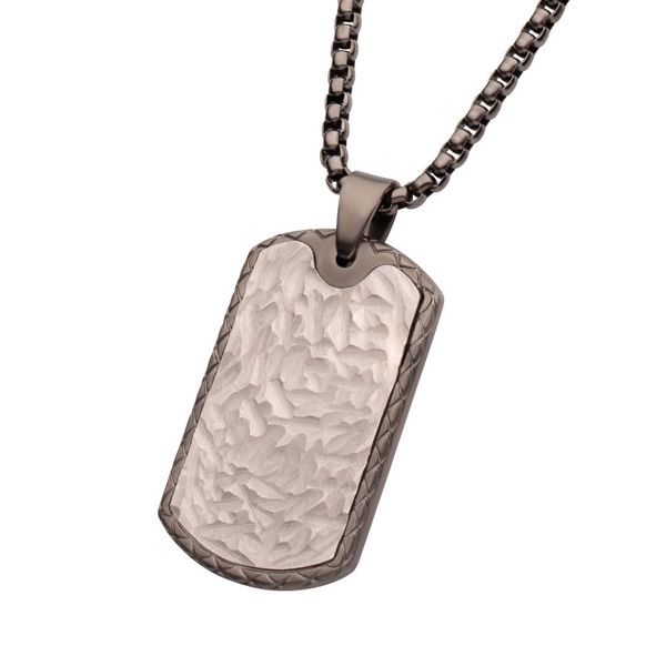Gun Metal IP Stainless Steel Chiseled Bold Tag Firenze Pendant with Box Chain Image 2 Branham's Jewelry East Tawas, MI