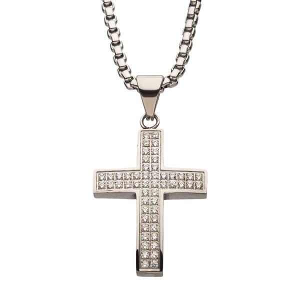 Stainless Steel with 52-piece CNC Prong Set Clear CZ Cross Pendant with Chain Ken Walker Jewelers Gig Harbor, WA