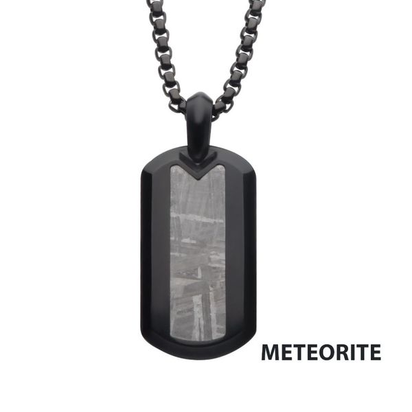 Meteorite Inlay Dog Tag Pendant with Black IP Box Chain Cellini Design Jewelers Orange, CT